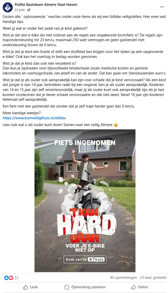 Een voorbeeld post van Politie Almere Stad-Haven op Facebook