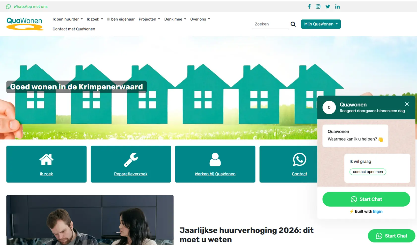 Website van QuaWonen met chatbot voor WhatsApp